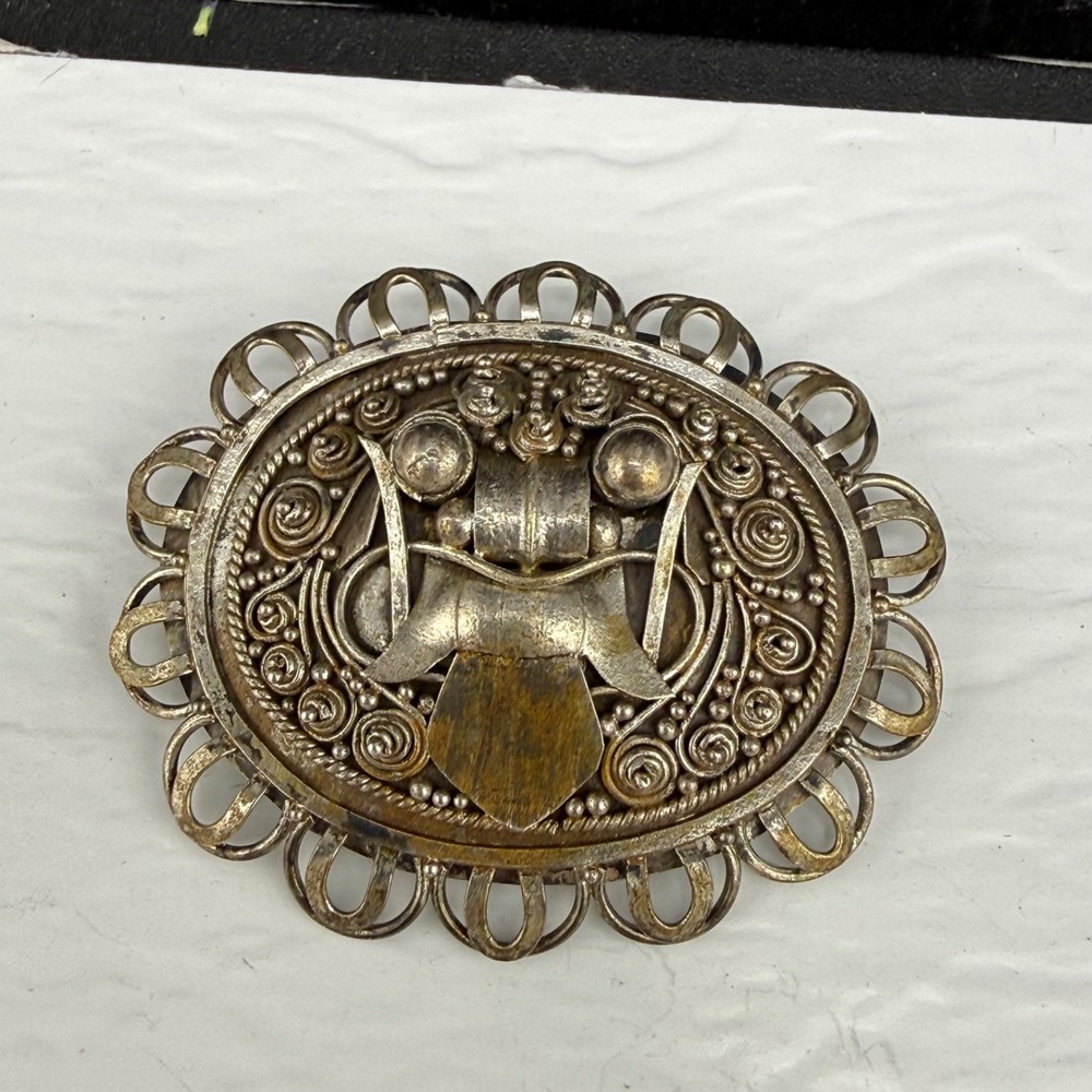 Vintage Estate Dragon Brooch Rangda Demon Queen Silver Tone Filigree 6.6g